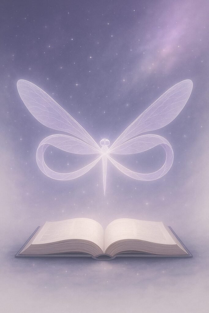 Imagen que muestra a una libelula cuyas alas son el simbolo del infinto. Debajo un libro, libro que cuenta historias desde el alma